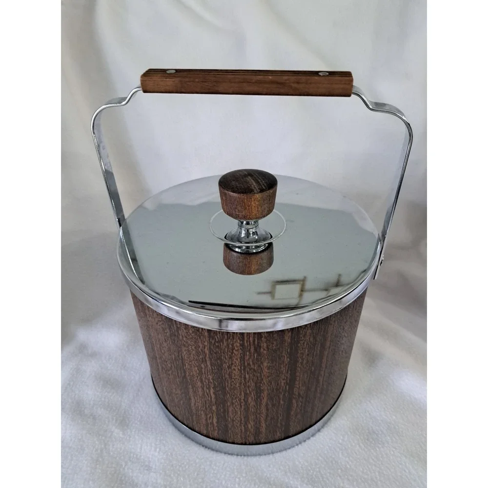 Vintage Atapco USA Faux Wood Grain Ice Bucket Chrome Lid Barware Mid Century Mod